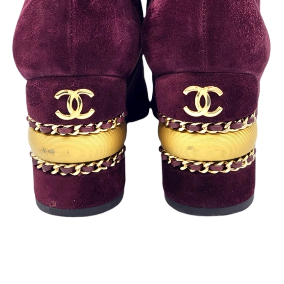 CHANEL CC Logo Cap Toe Suede Boots Double Stack Chain Burgundy 36.5 G36655 - Picture 8 of 16